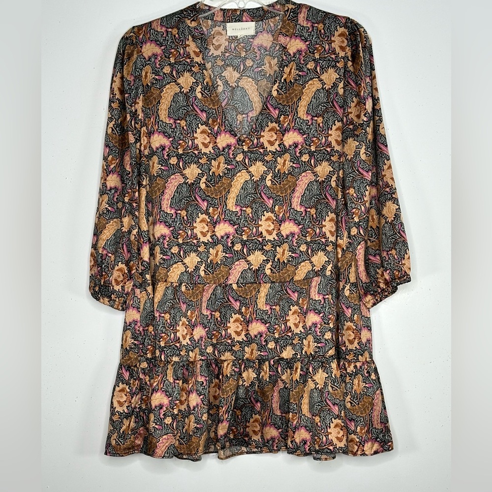 Melloday Tunic Top Dress Floral Tiered‎ Skirt V-Neck Long Sleeve Pullover Sz M